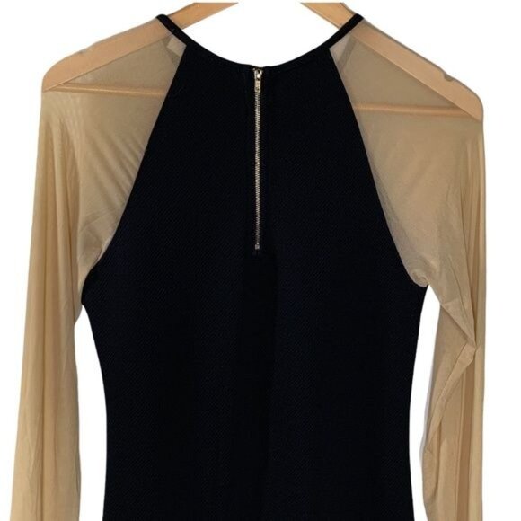 Cisa Black Tan Long Sleeve Mesh Lace Hem Sheath Dress Size M - Picture 6 of 11